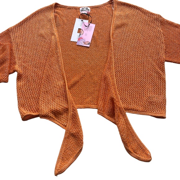 ALANI NOELLE FUTURE COLLecTIVE Women 1X Orange Metallic Crop Open Knit Cardigan - Picture 15 of 16
